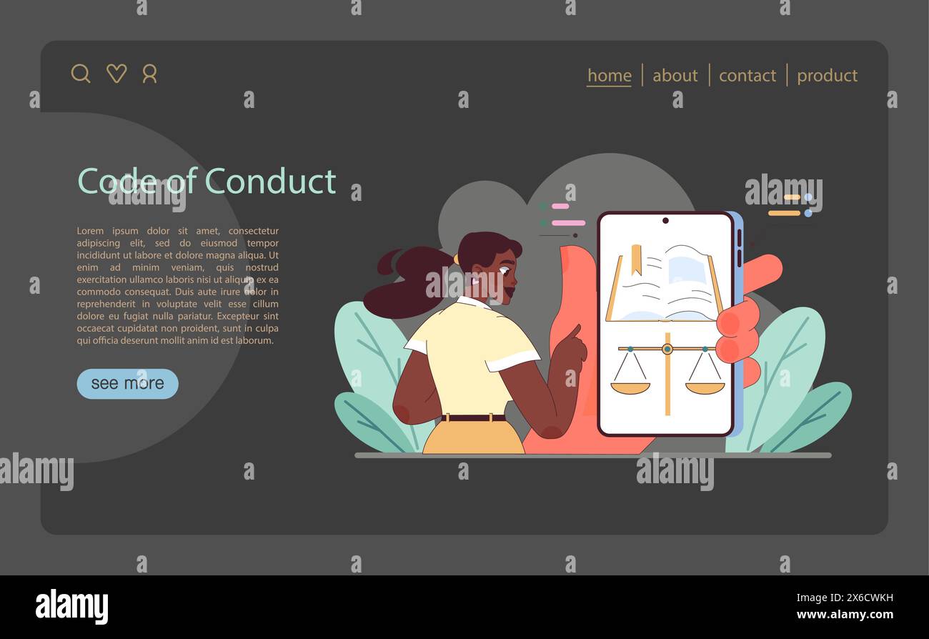 Concept de code de conduite. Une personne tient une tablette affichant des échelles de justice, symbolisant le respect des normes éthiques. Illustration vectorielle plate. Illustration de Vecteur