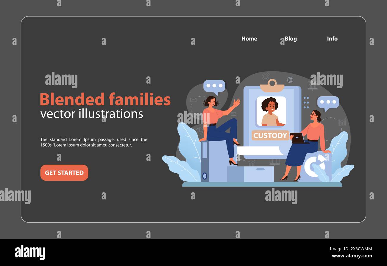 Concept de garde d'enfants. Deux femmes discutent des détails de la garde, avec une représentation numérique d'un enfant à l'écran. Navigation dans les droits parentaux et le bien-être de l'enfant. Illustration vectorielle plate. Illustration de Vecteur