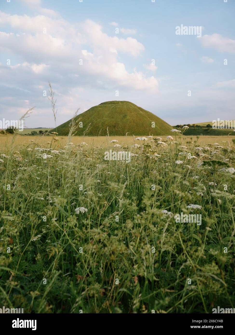 Le paysage de campagne d'herbe longue d'été du monticule de craie artificielle préhistorique de Silbury Hill près d'Avebury, Wiltshire, Angleterre Royaume-Uni Banque D'Images