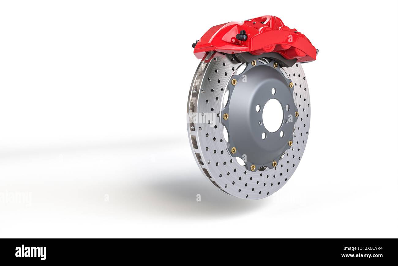 frein à disque ventilé à étrier rouge, isolé blanc. arrière-plan de voiture automobile Banque D'Images
