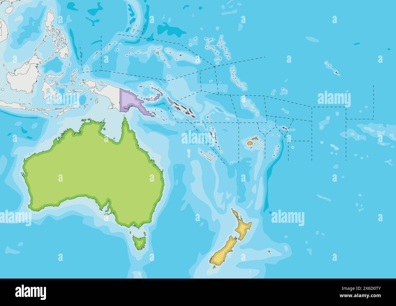 Illustration vectorielle Blank Political Oceania Map avec différentes couleurs pour chaque pays. Calques modifiables et clairement étiquetés. Illustration de Vecteur