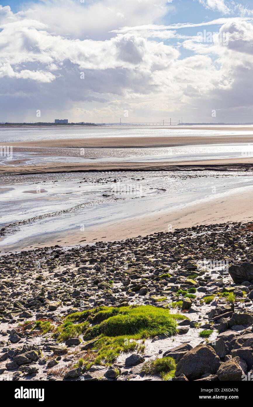 Vue sur l'estuaire de Severn à marée basse vers la centrale électrique d'Oldbury et les ponts de Severn vu depuis Lydney Harbour, Gloucestershire, Angleterre Royaume-Uni Banque D'Images