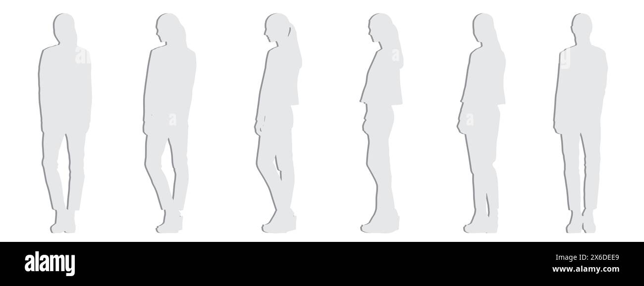 Concept conceptuel silhouette de papier gris coupé d'une jeune femme debout de différentes perspectives isolé sur blanc.illustration 3D comme une métaphore pour Banque D'Images