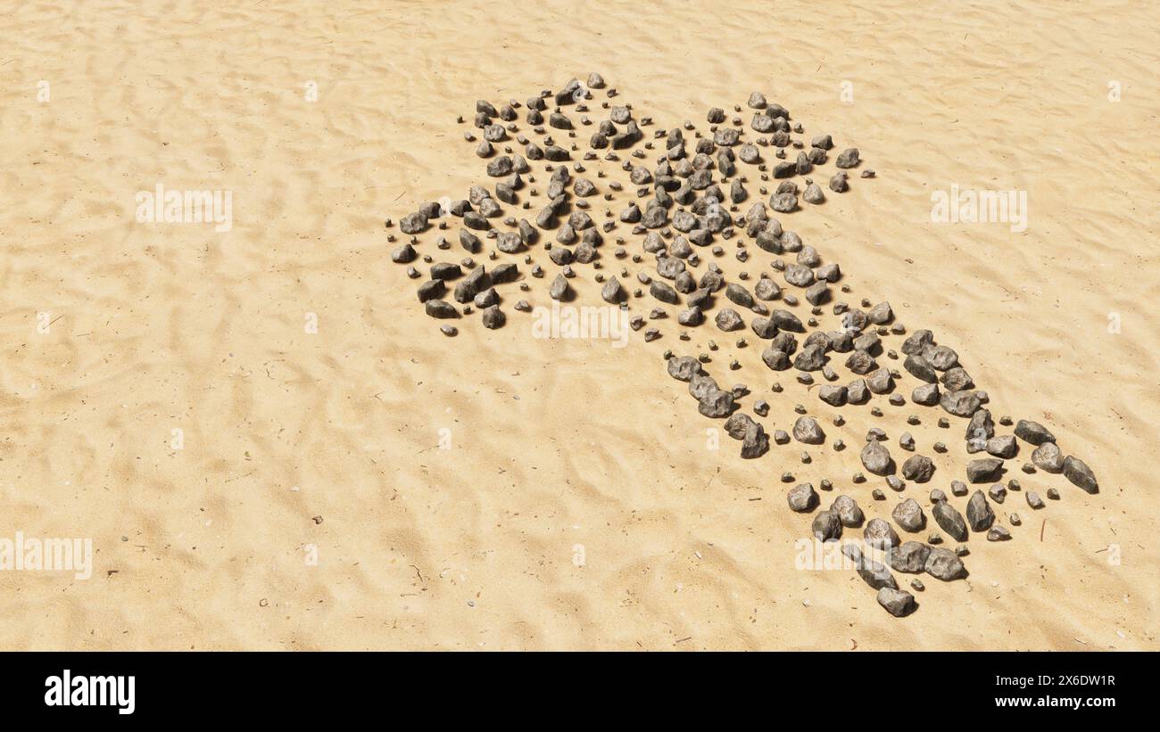 Concept pierres conceptuelles sur plage sable forme de symbole fait à la main, fond de sable doré, croix chrétienne.Une métaphore d'illustration 3d pour Dieu, Christ Banque D'Images