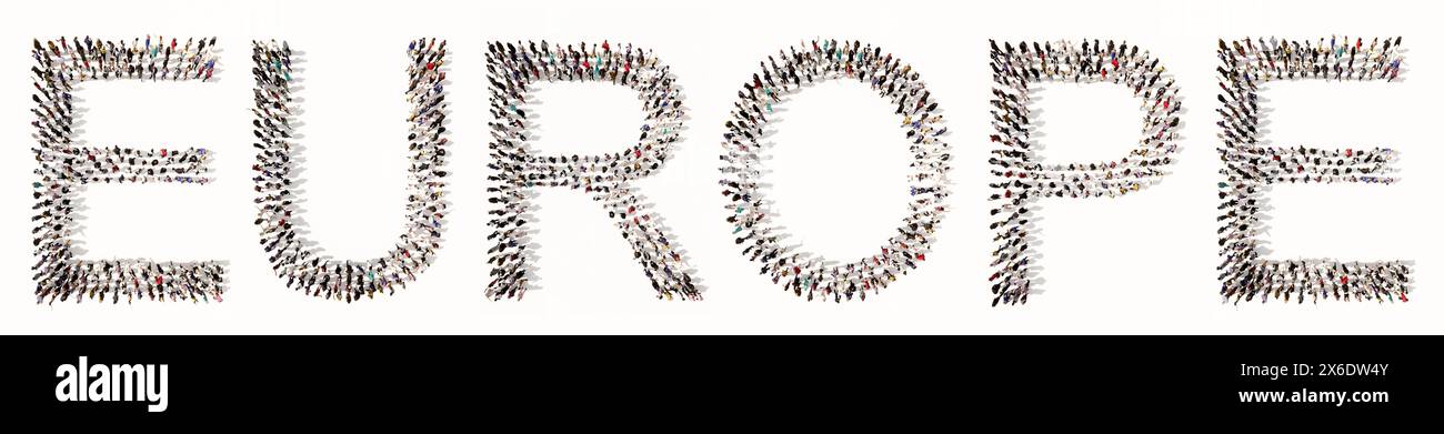 Concept ou conceptuel grande communauté de personnes formant LE mot EUROPE. 3d métaphore de l'illustration pour les connexions européennes dans la culture, l'économie, la politique Banque D'Images
