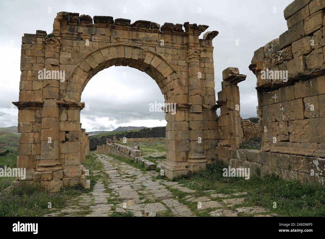 Cardo Maximus aux ruines romaines de Djemila en Algérie Banque D'Images