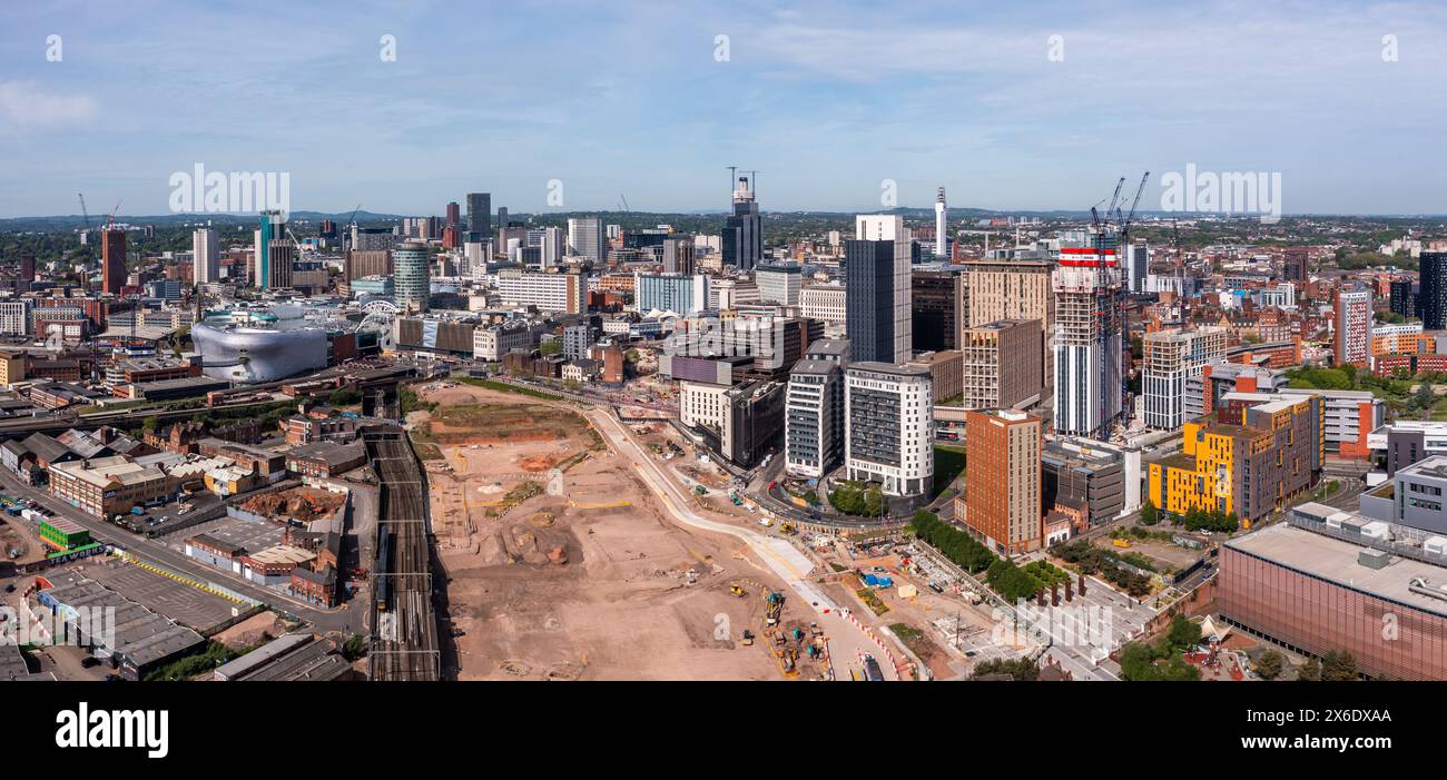 BIRMINGHAM, ROYAUME-UNI - 11 MAI 2024. Une vue panoramique aérienne du centre-ville de Birmingham avec le chantier HS2 sur Curzon Street Banque D'Images