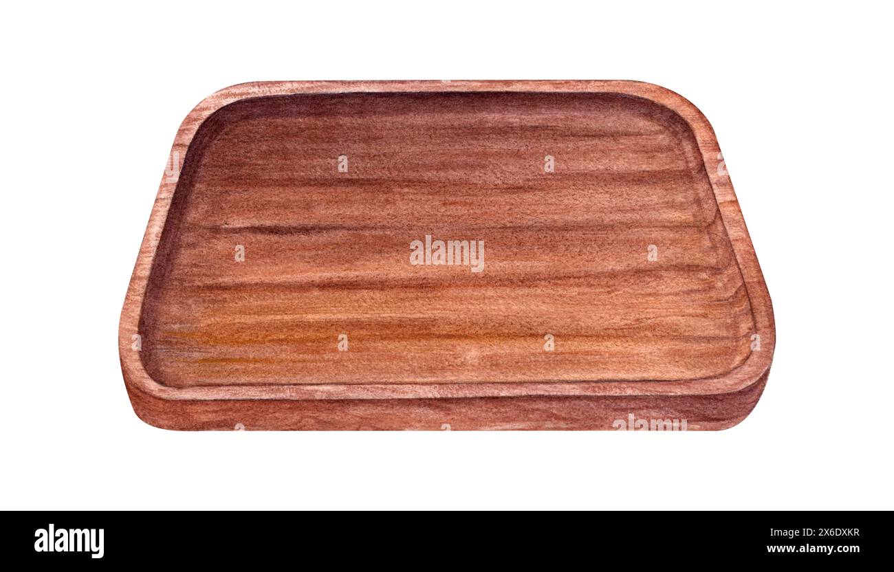 Plateau en bois pour transporter les aliments et servir le petit déjeuner. Texture marron. Planche écologique naturelle. Assiette vide pour fruits ou collation. Ustensile Banque D'Images