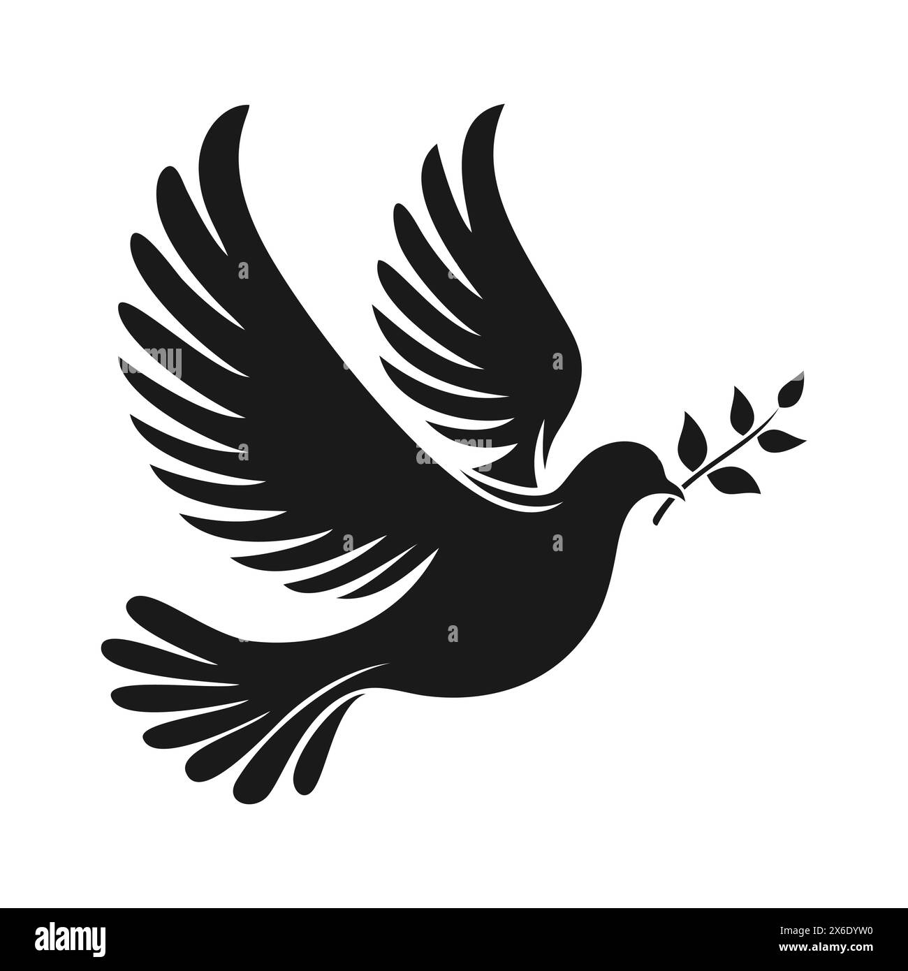 Silhouette noire de colombe volante avec une branche d'olivier dans son bec isolée sur fond blanc, vue de côté. Illustration vectorielle Illustration de Vecteur