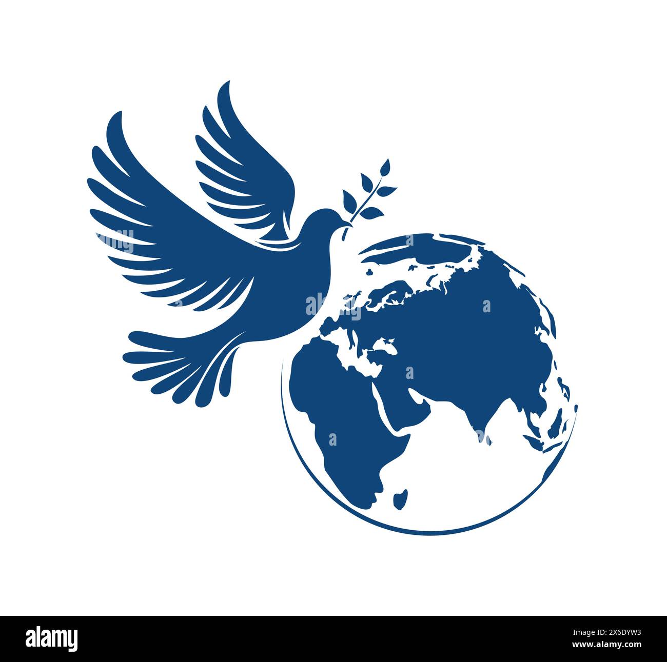 Silhouette bleue de colombe volante avec une branche d'olivier dans son bec et globe terrestre, isolée sur fond blanc. Illustration vectorielle Illustration de Vecteur