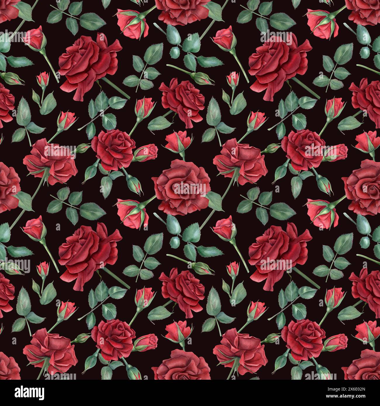 Motif sans couture rose rouge. Saint-Valentin, concept de fête des mères. Motif festif orné. Têtes et bourgeons de fleurs rubis romantiques, feuilles vertes. Banque D'Images