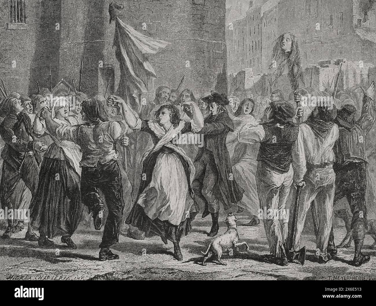 Révolution française. Massacres de septembre (2-6 septembre 1792). Les révolutionnaires ont exécuté des meurtres de masse parmi la population carcérale dans toute la France, principalement à Paris. Les rebelles défilent la tête de la Princesse de Lamballe (Marie Thérèse Louise de Savoie) dans les rues. Dessin de Hippolyte de la Charlerie. Gravure de Théodore Meyer-Heine. "Histoire de la Révolution française". Volume I, 1876. Banque D'Images