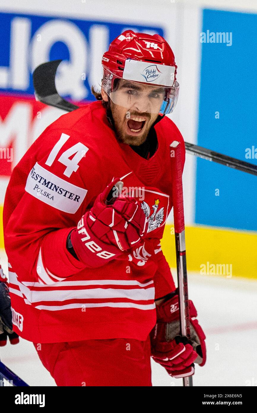 Ostrava, République tchèque. 14 mai 2024. Dominik pas (POL) réagit au Championnat mondial 2024 de l’IIHF, groupe B, match Pologne vs France, à Ostrava, en République tchèque, le 14 mai 2024. Crédit : Vladimir Prycek/CTK photo/Alamy Live News Banque D'Images