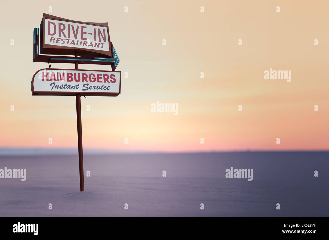 Retro Vintage signe pour Un restaurant drive-in dans le désert californien, avec Copy Space Banque D'Images