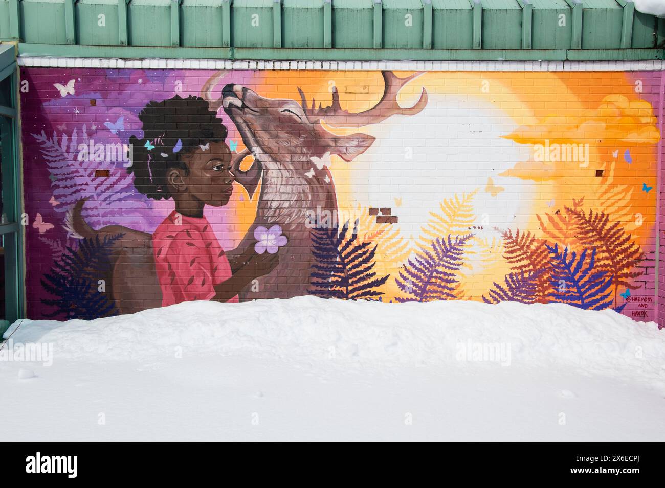Murale colorée d'une fille noire avec un cerf sur le bâtiment de la Bibliothèque publique de Chatham à Miramichi, Nouveau-Brunswick, Canada Banque D'Images