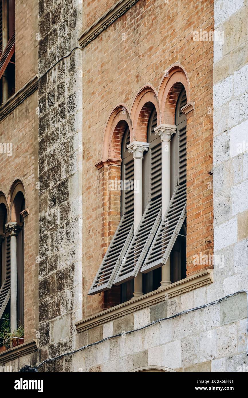 Gros plan d'une façade historique dans le centre de Pise, en Toscane, Italie centrale Banque D'Images