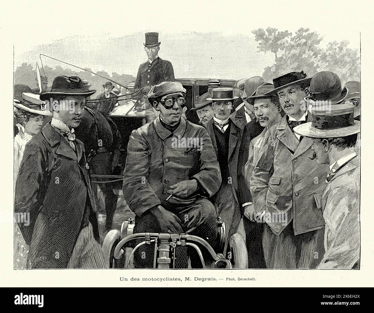 Photo vintage, pilote dans le Tour de France automobile, une course de voitures de sport organisée sur les routes de France, 1899 Banque D'Images