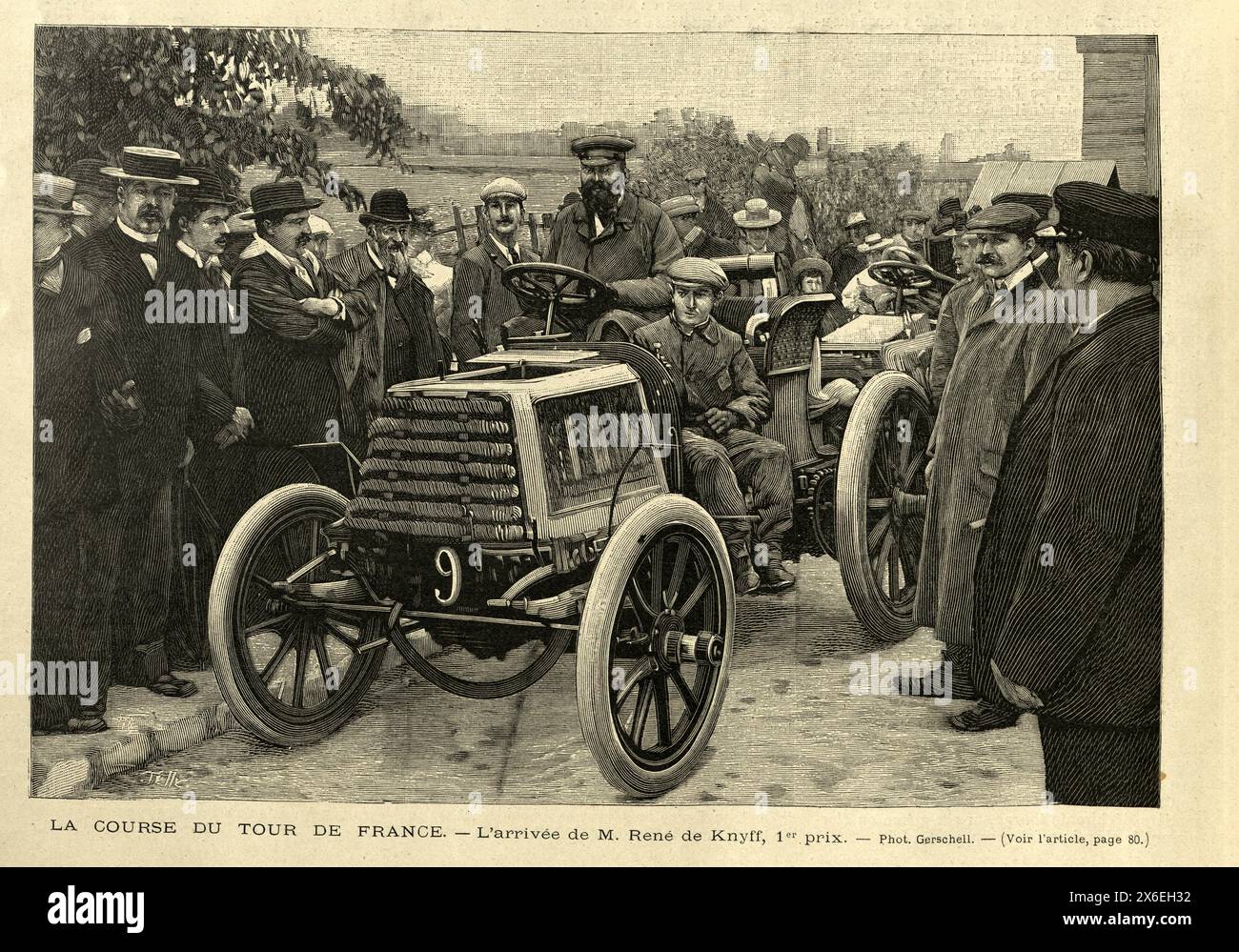 Photo vintage, Tour de France automobile, René de Knyff gagnant la première place, une course de voitures de sport organisée sur les routes de France, 1899 Banque D'Images
