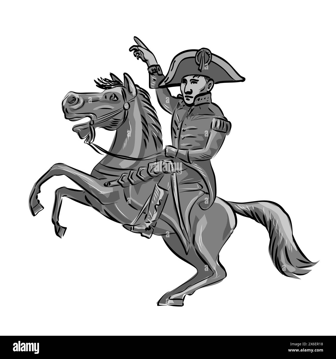 Illustration mascotte de Napoléon Bonaparte ou Napoléon Ier, un empereur français et commandant militaire monté sur un cheval en train de danser vu de côté sur isolé Illustration de Vecteur