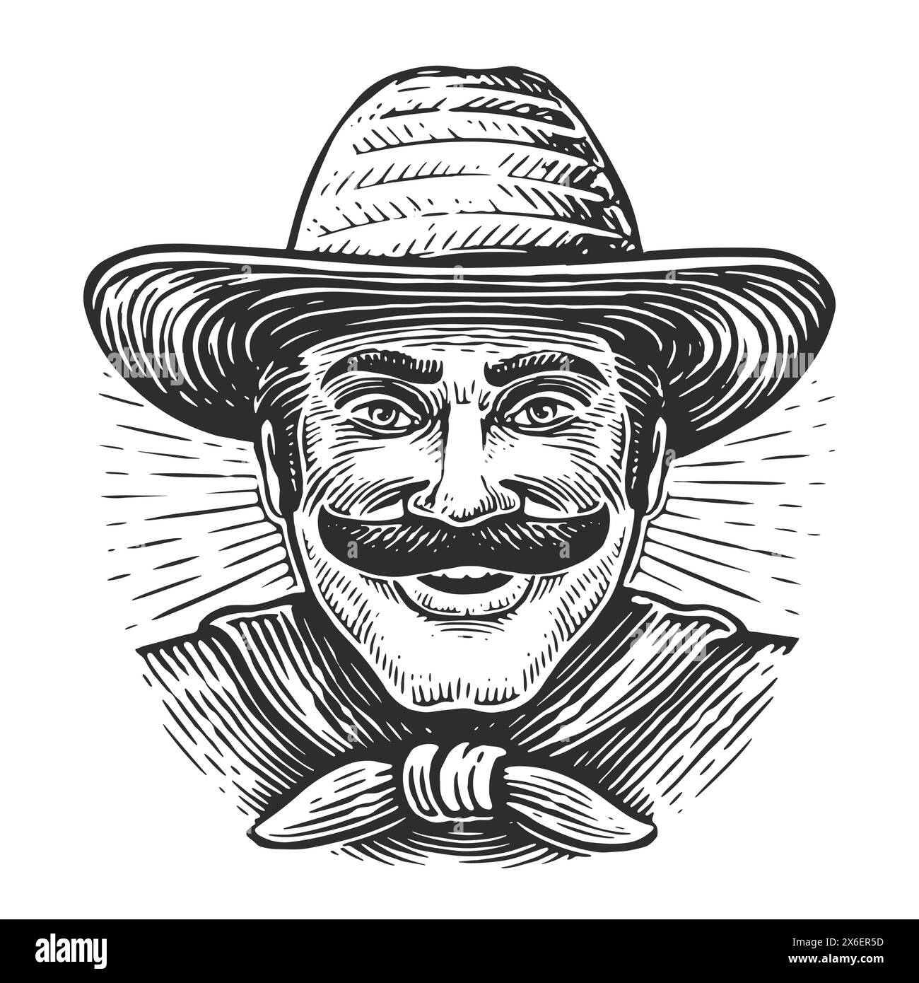 Portrait dessiné à la main d'un ouvrier agricole joyeux. Fermier mexicain d'âge moyen souriant. Dessin d'esquisse Illustration de Vecteur