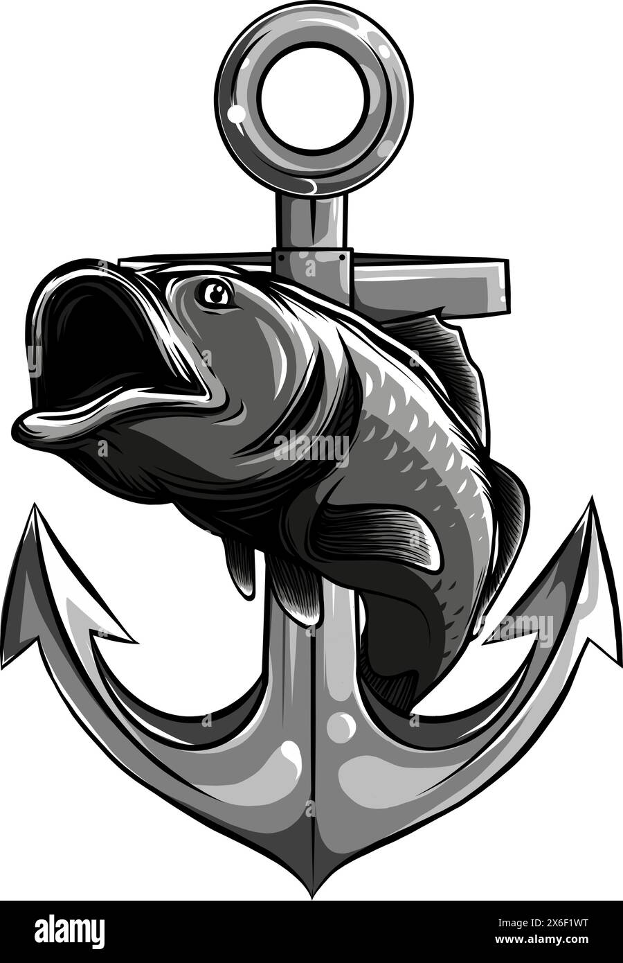 illustration vectorielle de poissons monochromes avec ancre Illustration de Vecteur