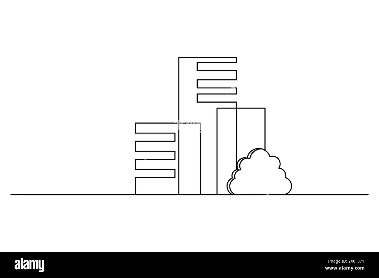 Un simple dessin au trait noir et blanc des bâtiments de la ville avec un arbre au premier plan, parfait pour les conceptions modernes. Illustration de Vecteur