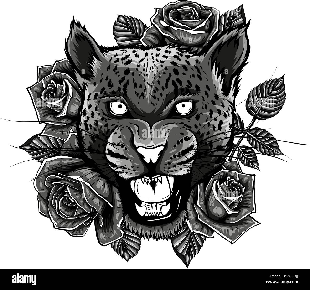 Illustration tête de léopard monochrome avec rose autour Illustration de Vecteur