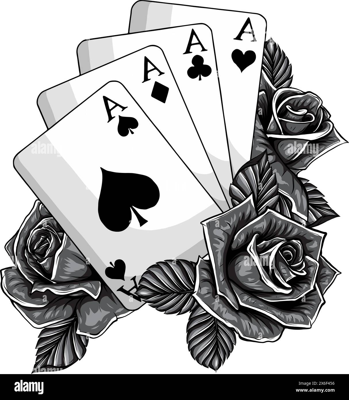 illustration vectorielle d'as de poker monochromes avec des roses Illustration de Vecteur