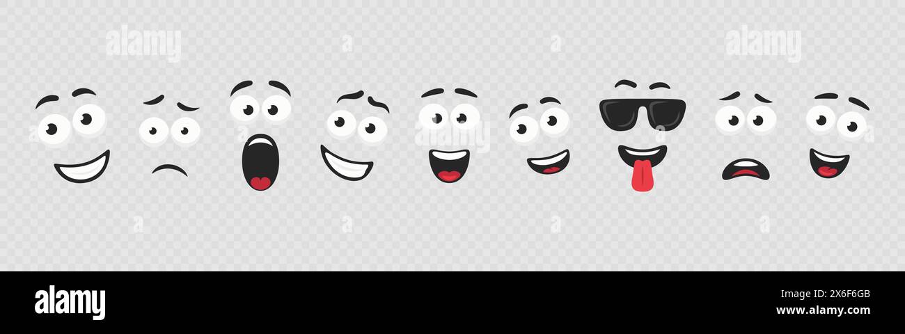 Illustrations vectorielles de visages de dessins animés. Yeux et bouche expressifs. Expressions de visage de personnage drôle et mignon, ensemble d'icônes. Caricature Comic Emotions en gros plan Illustration de Vecteur