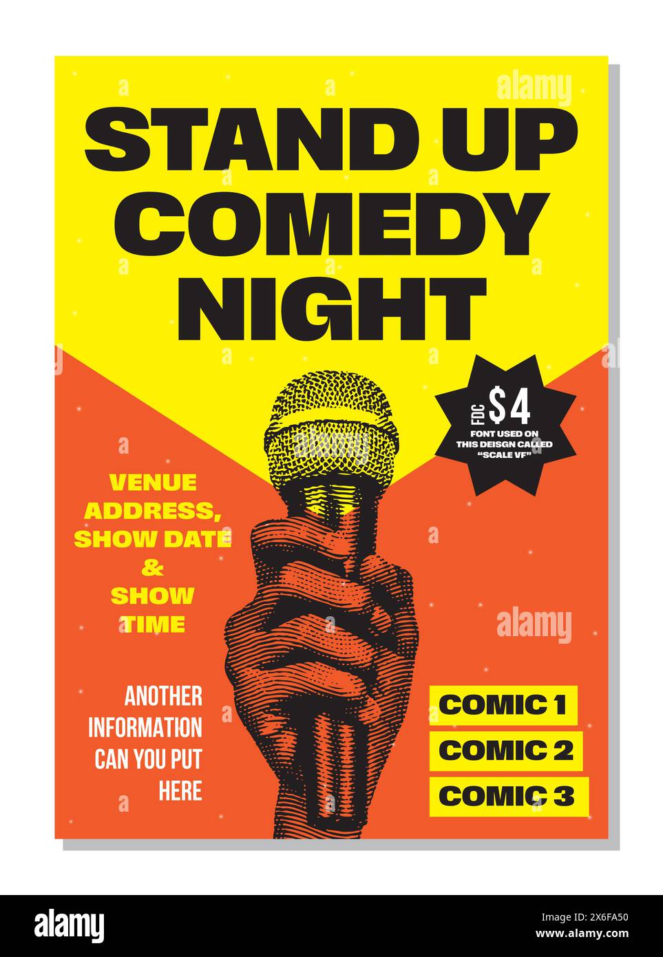 Ouvrir la nuit micro ou stand up affiche de spectacle de comédie ou flyer ou modèle de conception de bannière avec la main tenant le microphone ouvert sur fond jaune et orange. Illustration de Vecteur