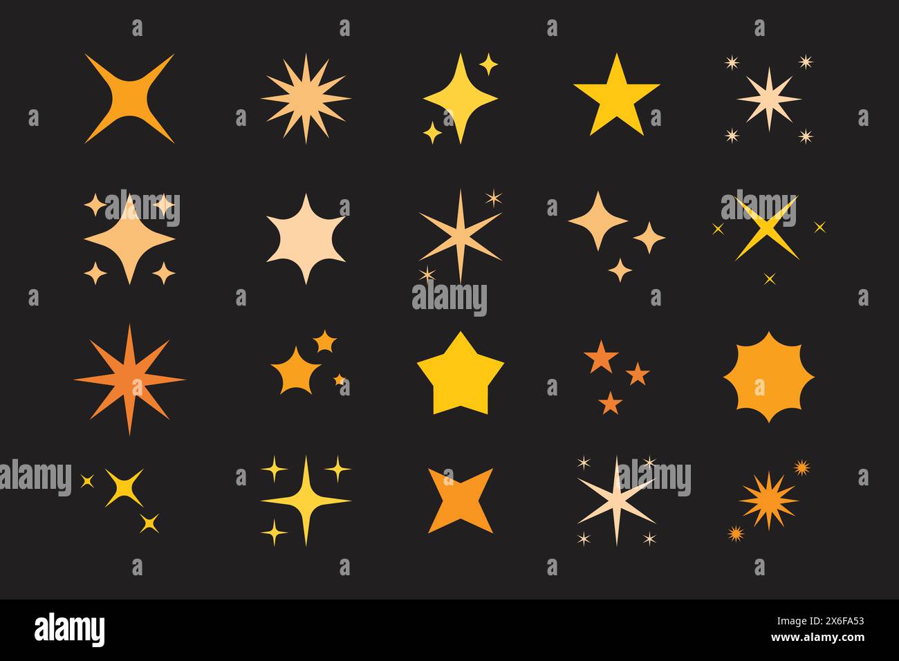 Ensemble d'icônes d'étoiles de conception plate, Collection d'étoiles et d'étoiles de différentes tailles et formes. Illustration de Vecteur