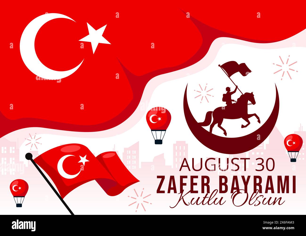 Zafer Bayrami illustration vectorielle. Traduction : août 30 célébration de la victoire et de la fête nationale en Turquie. Avec drapeau d'ondulation sur fond plat Illustration de Vecteur