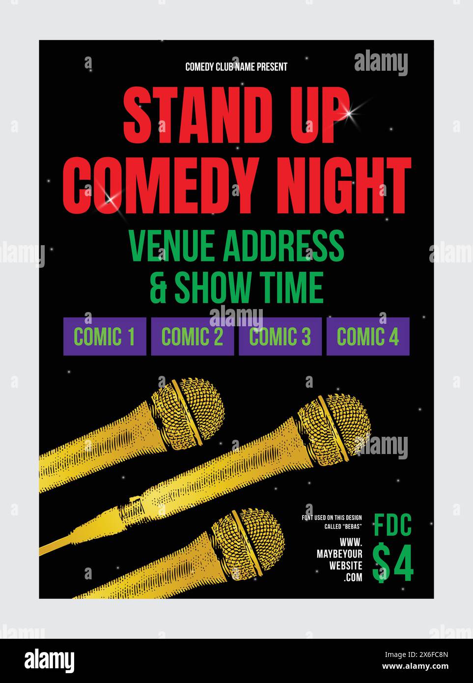 Affiche moderne de spectacle de comédie stand up. Microphone brillant, nuit à micro ouvert, fond noir et divertissement représenté sur la bannière Comedy performance Illustration de Vecteur