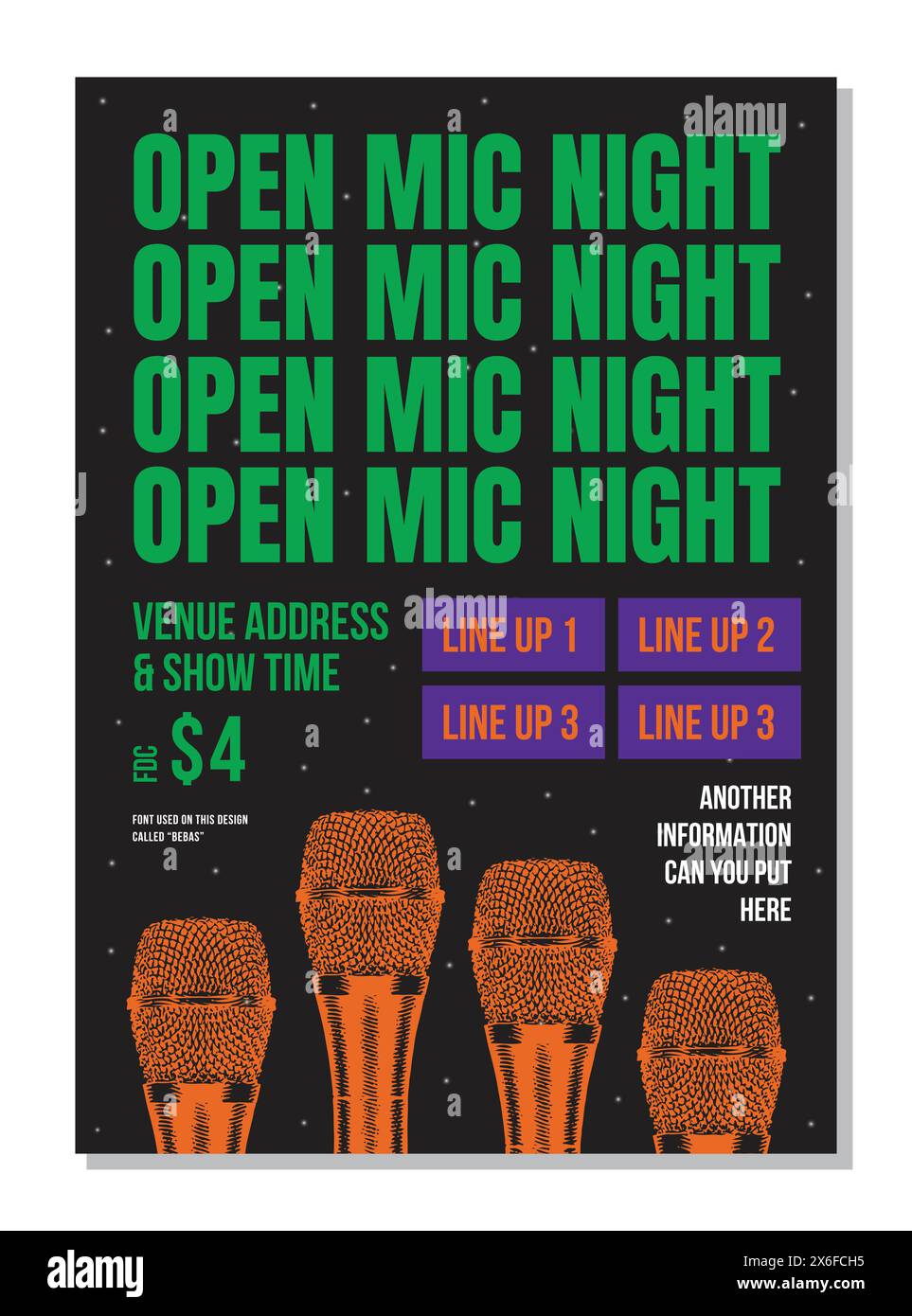 Carte d'affiche moderne de Stand Up Comedy Show Shiny microphone ouvert microphone nuit fond noir Illustration de Vecteur