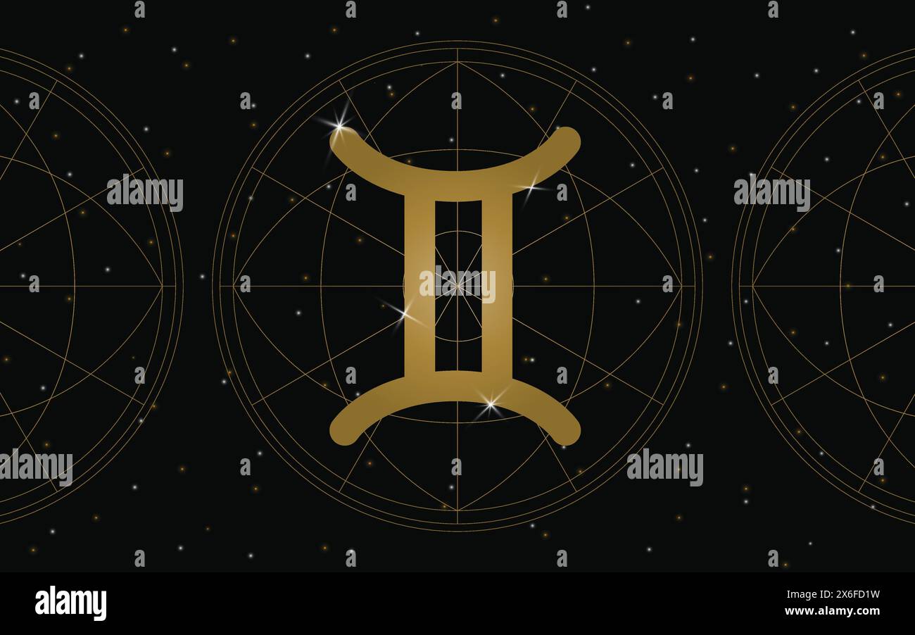 Horoscope Gémeaux symbole, icône astrologie, Gémeaux est le troisième signe astrologique dans le zodiaque. Sous le zodiaque tropical. avec étoiles et galaxie backgro Illustration de Vecteur