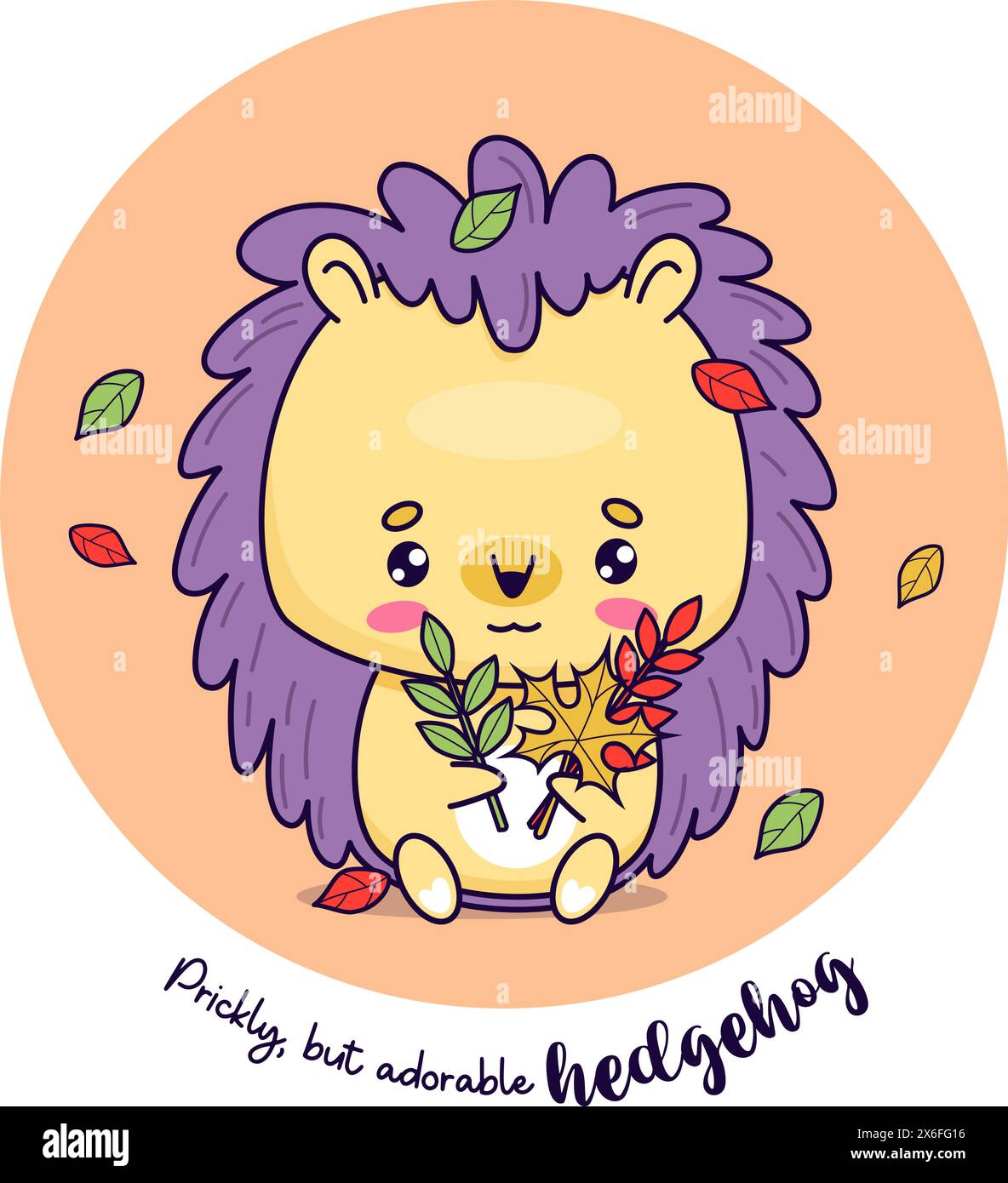 Hérisson mignon avec des feuilles d'automne. Illustration vectorielle. Personnage animal kawaii de dessin animé drôle. Collection enfants Illustration de Vecteur