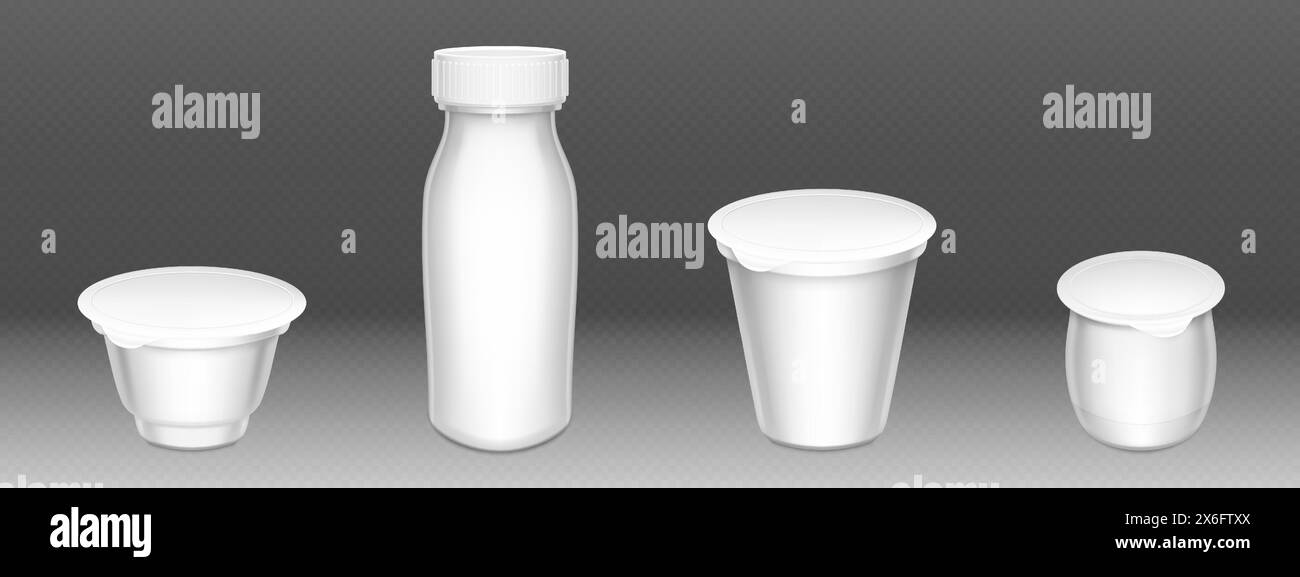 Tasses de yogourt et ensemble de bouteilles isolés sur fond transparent. Illustration réaliste vectorielle de maquette d'emballage en plastique pour les produits laitiers, bocaux ronds avec couvercle en aluminium et espace vide pour le marquage Illustration de Vecteur