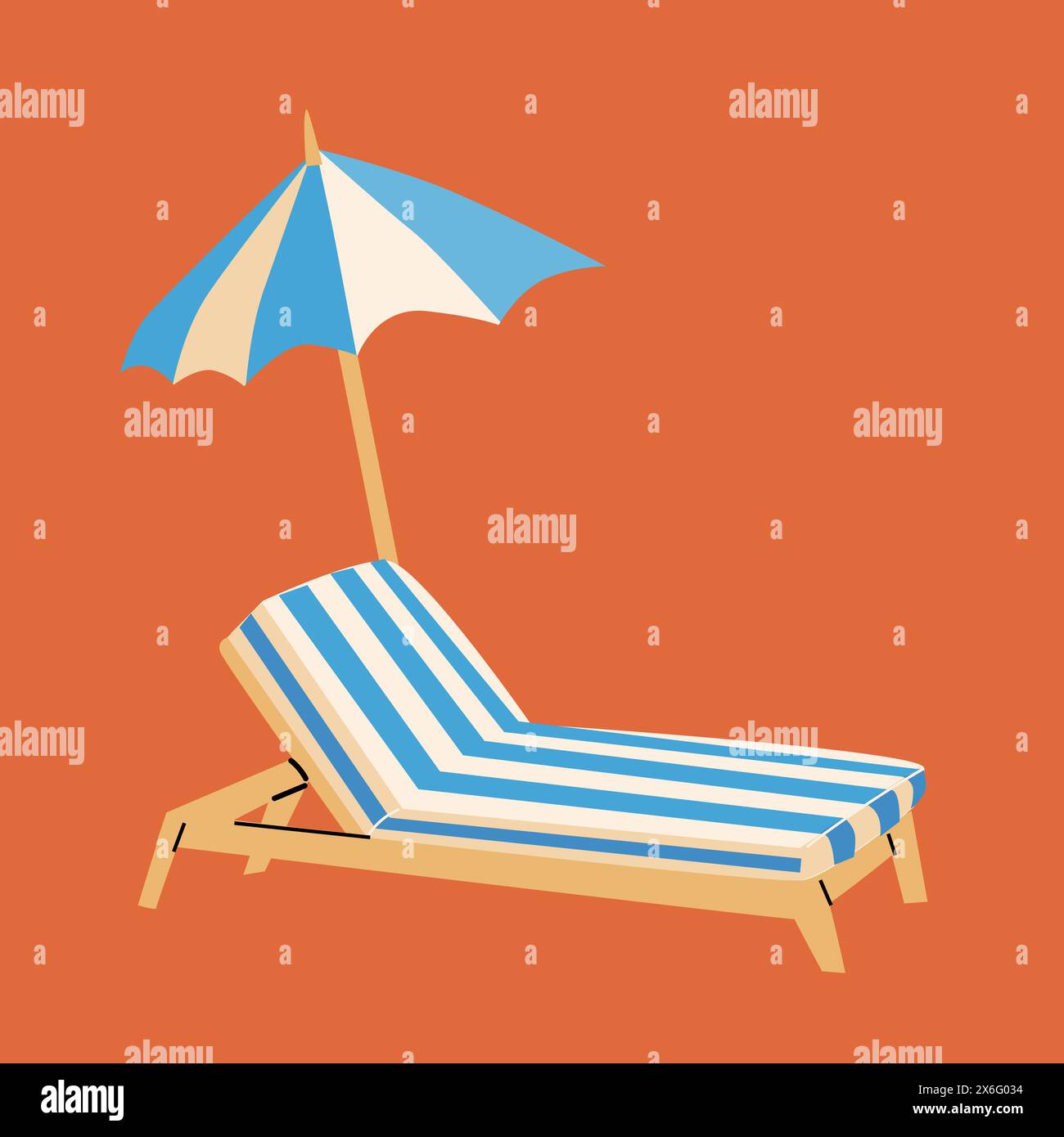 Fond de concept de vacances d'été et Journey Resort. Parasol et transat ou chaise d'extérieur sur fond rouge Illustration de Vecteur