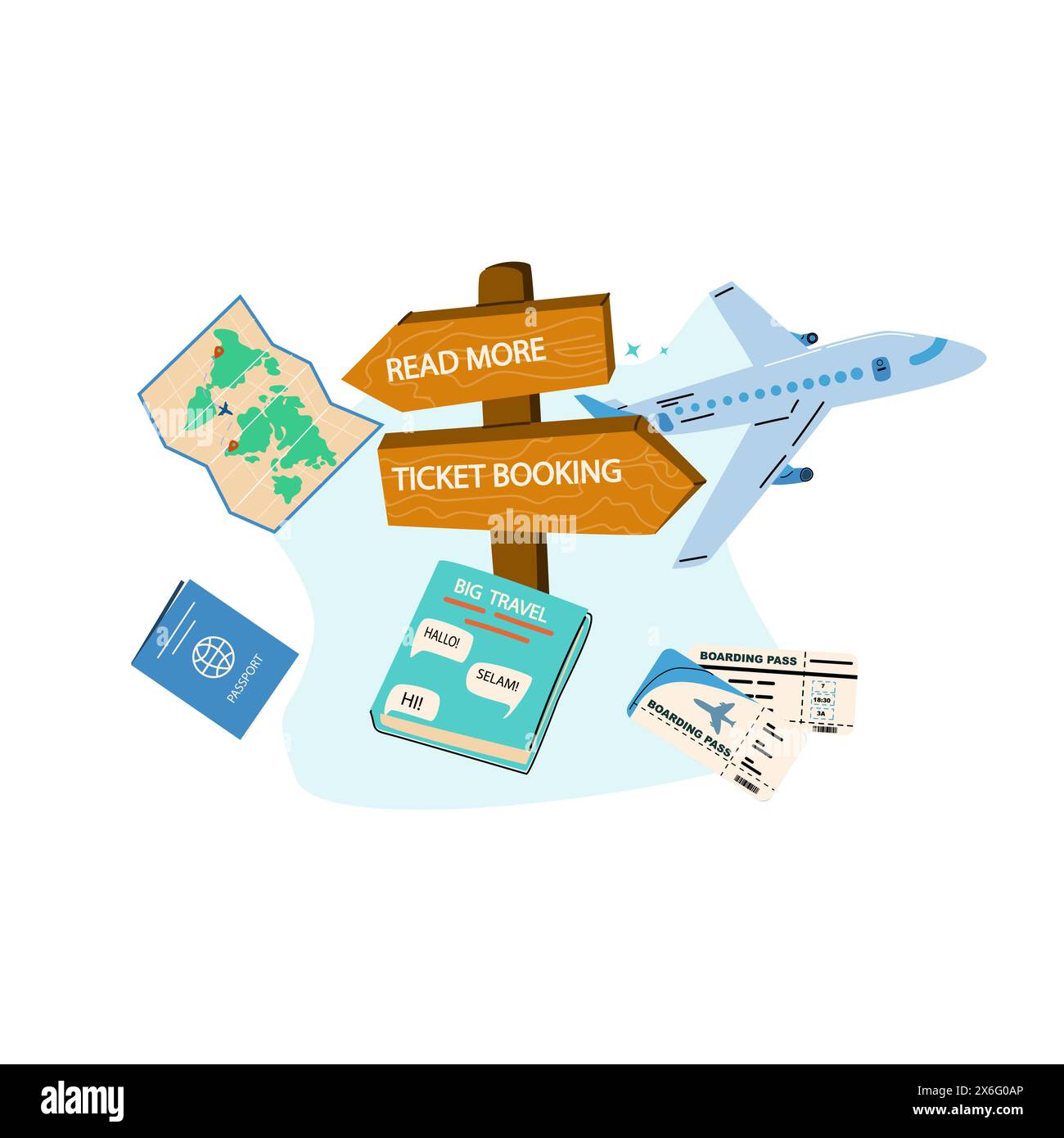 Fond de concept de réservation de billet de vacances d'été. Voyage en avion et service en ligne pour la réservation de billet et d'hôtel. Avion, billets, passeport, téléphone w Illustration de Vecteur