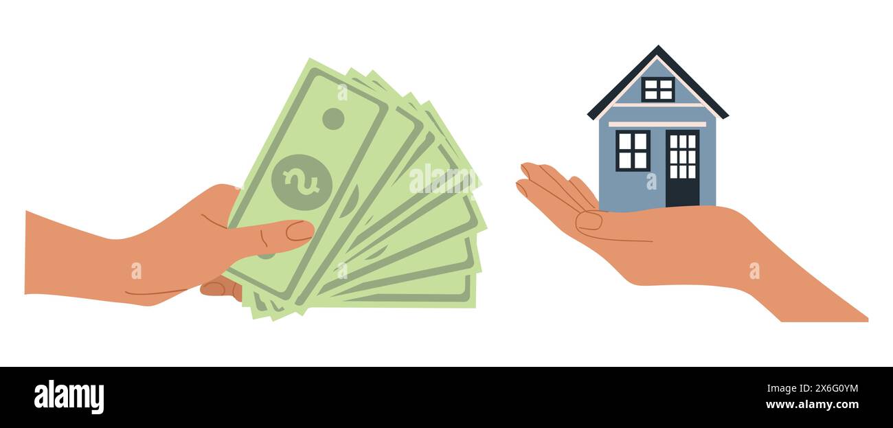 Concept immobilier. Mains tenant l'argent et la maison Illustration de Vecteur