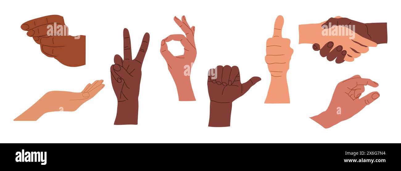 Diverses mains humaines avec différents signes, gestes Illustration de Vecteur