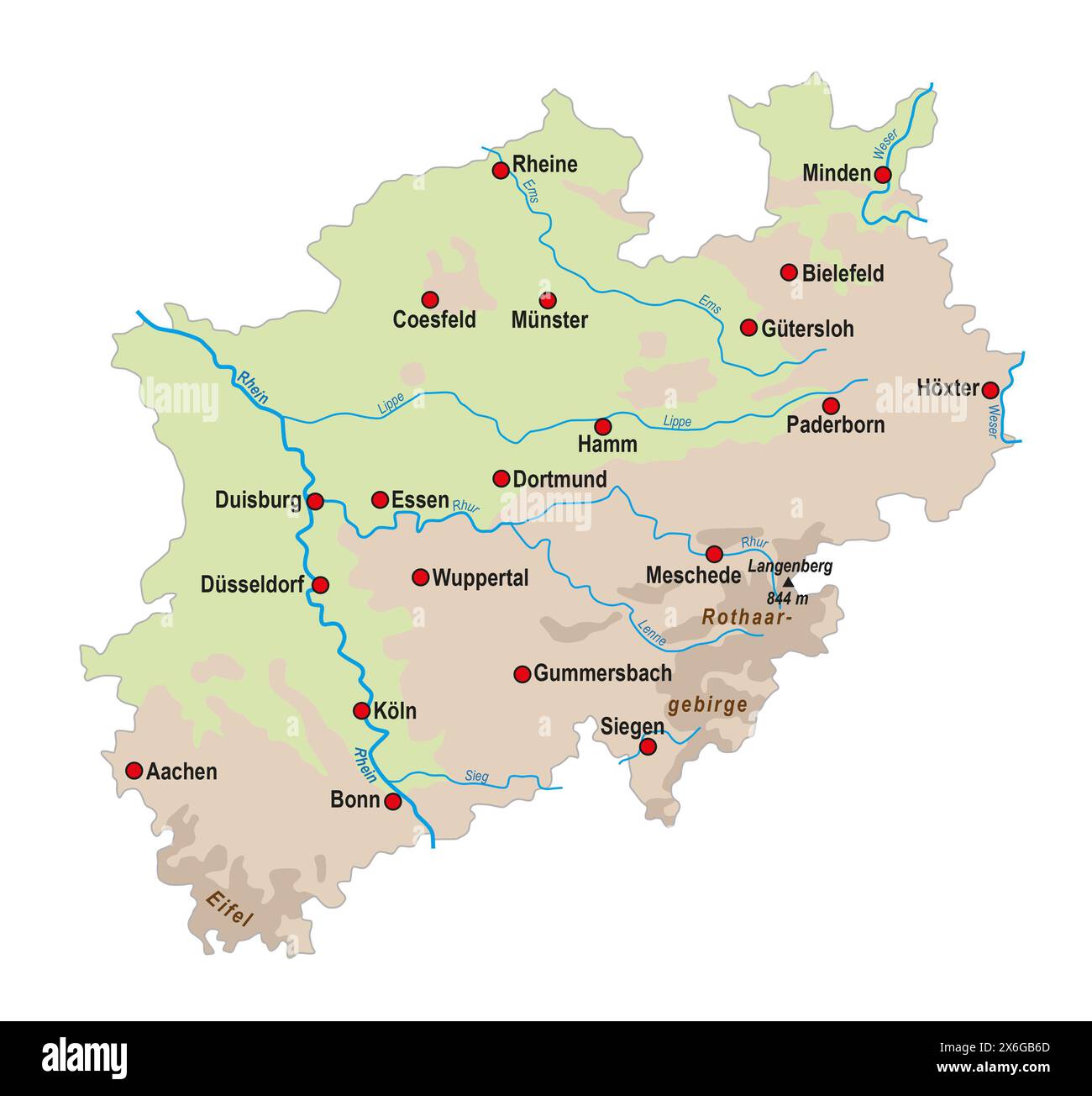 Simple carte d'ensemble de Rhénanie du Nord-Westphalie, Allemagne Banque D'Images