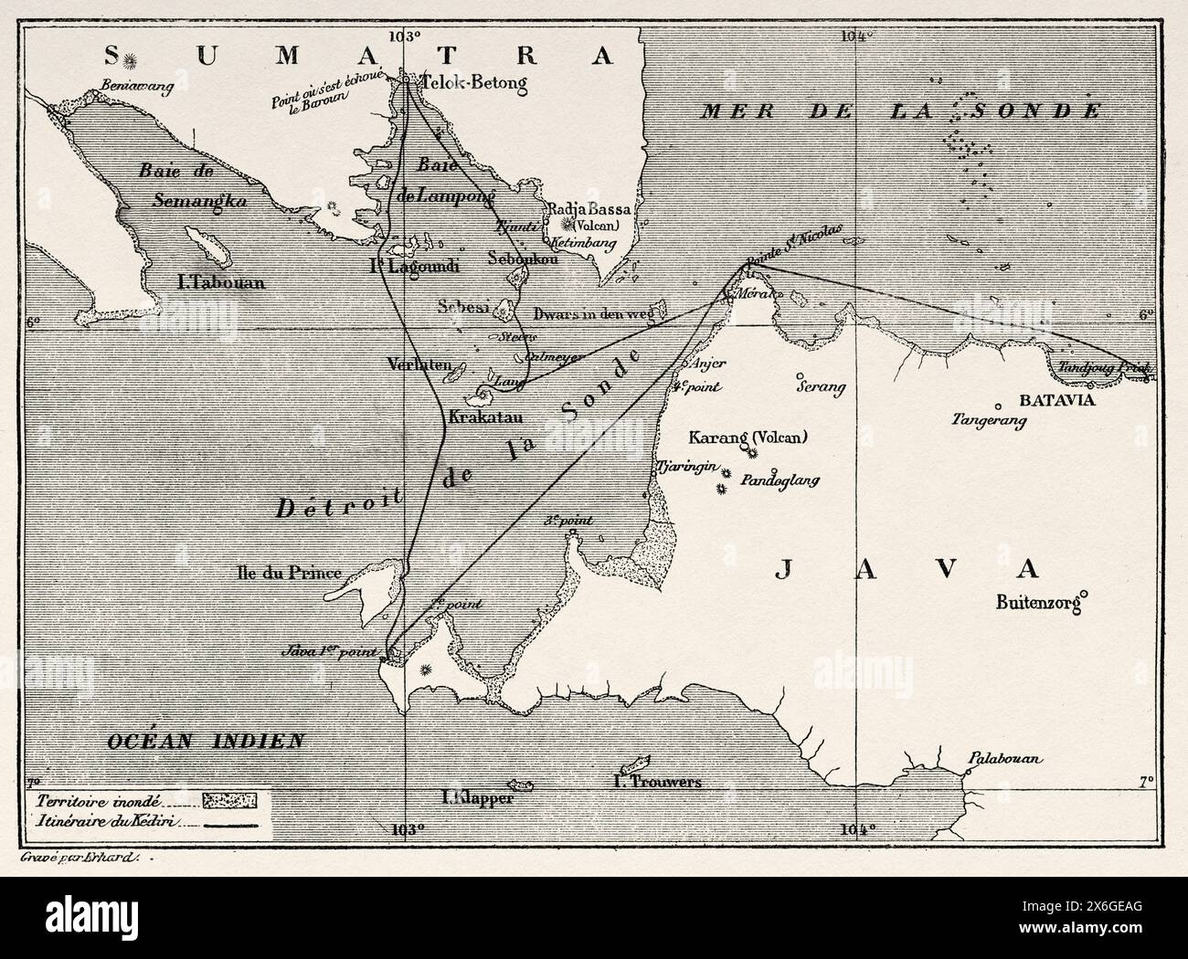 Ancienne carte du détroit de Sunda, Indonésie. Krakatau et le détroit de la Sunda 1884 par le journaliste français Edmond Cotteau (1833 - 1896) le Tour du monde 1886 Banque D'Images