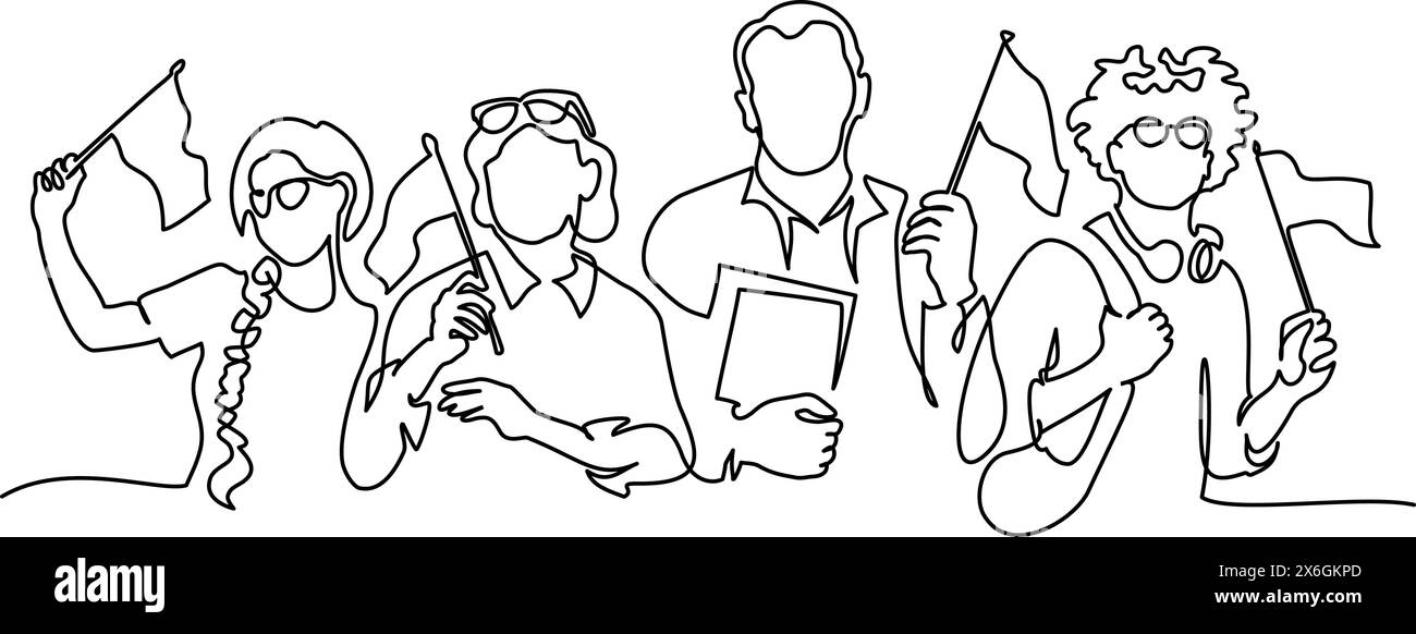 Groupe de personnes étudiant les langues étrangères et tenant des drapeaux étrangers. Illustration de Vecteur