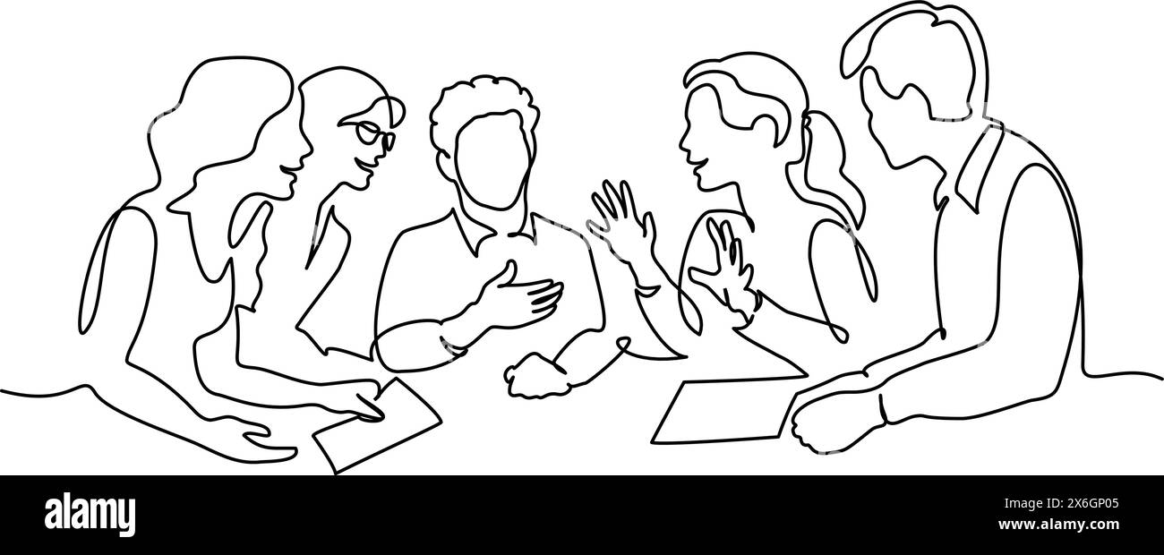 Groupe de jeunes discutent de tâche intéressante ensemble et parlent. Illustration de Vecteur