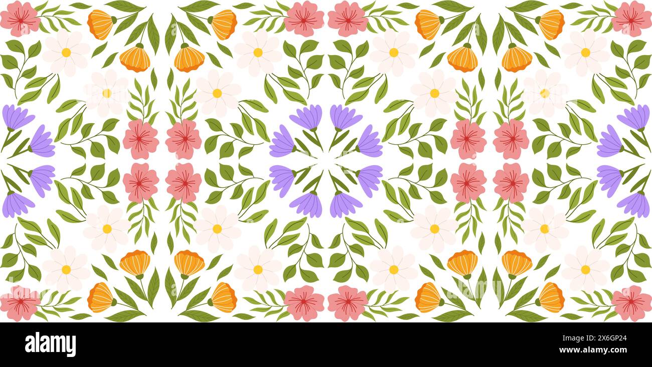 Composition sans couture avec des éléments floraux. Design répétitif d'inspiration botanique avec des fleurs lilas, orange et blanches, fleur de cerisier rose, feuilles diverses. Illustration de Vecteur