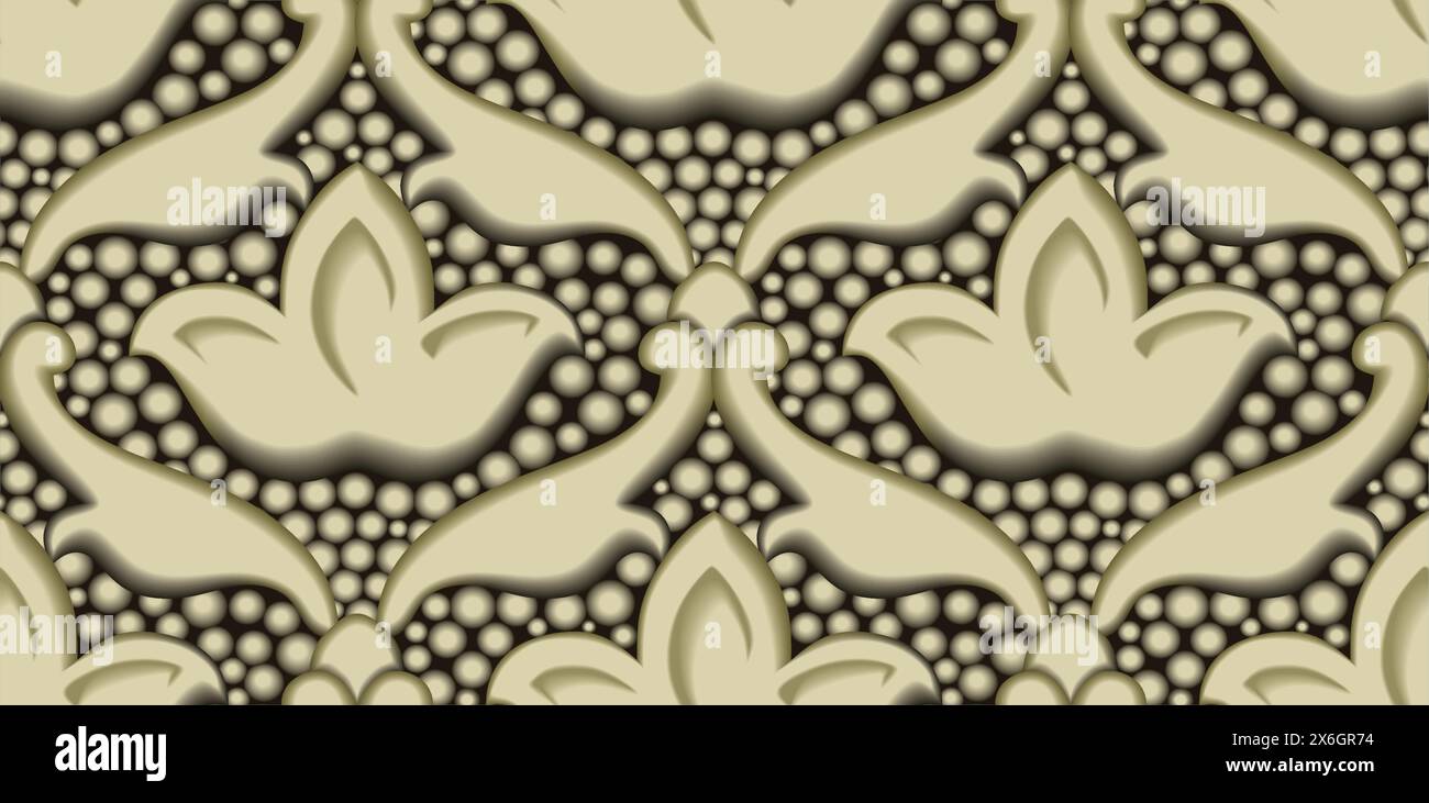 Élégant motif vectoriel sans couture dans le style vintage victorien, avec des éléments damassés floraux beiges et un fond texturé en pointillés avec un 3D e subtil Illustration de Vecteur