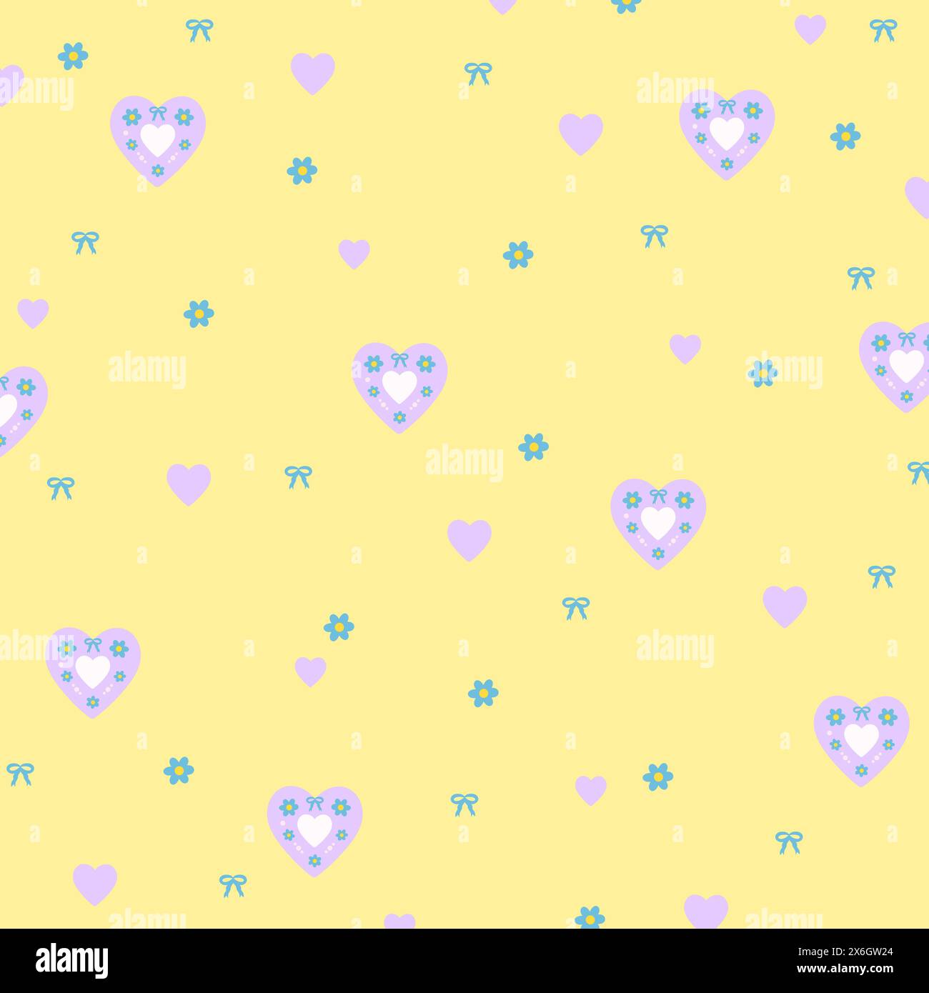 Illustration de fleur, coeur, ruban sur un fond jaune pastel pour impression florale, motif girly, vêtements d'enfant, robe, emballage cadeau, emballage, tissu, Illustration de Vecteur