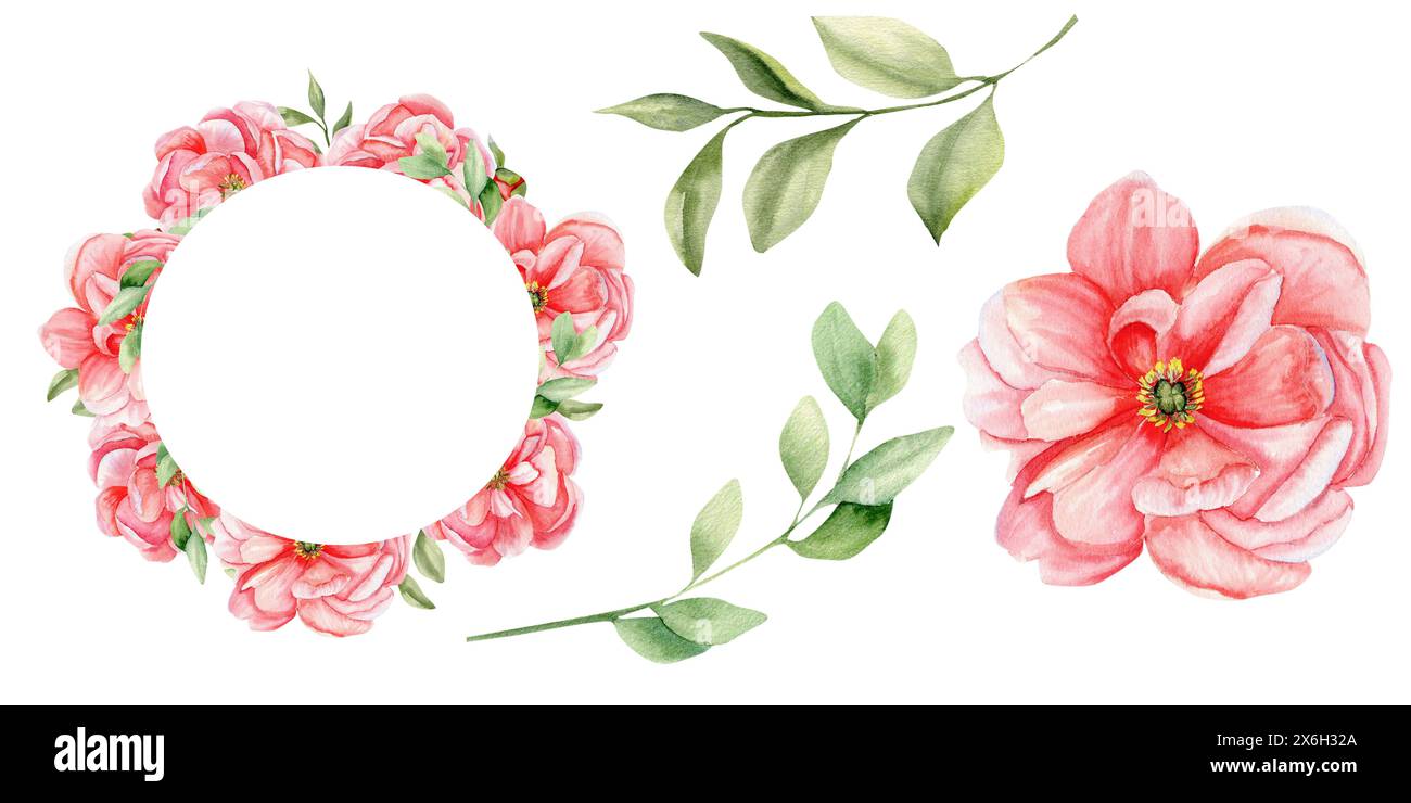 Couronne fleurie pivoine, feuilles vertes et aquarelle unique rose pivoine. Collection de fleurs printanières florales pour maman journée des femmes, invitation de mariage Banque D'Images