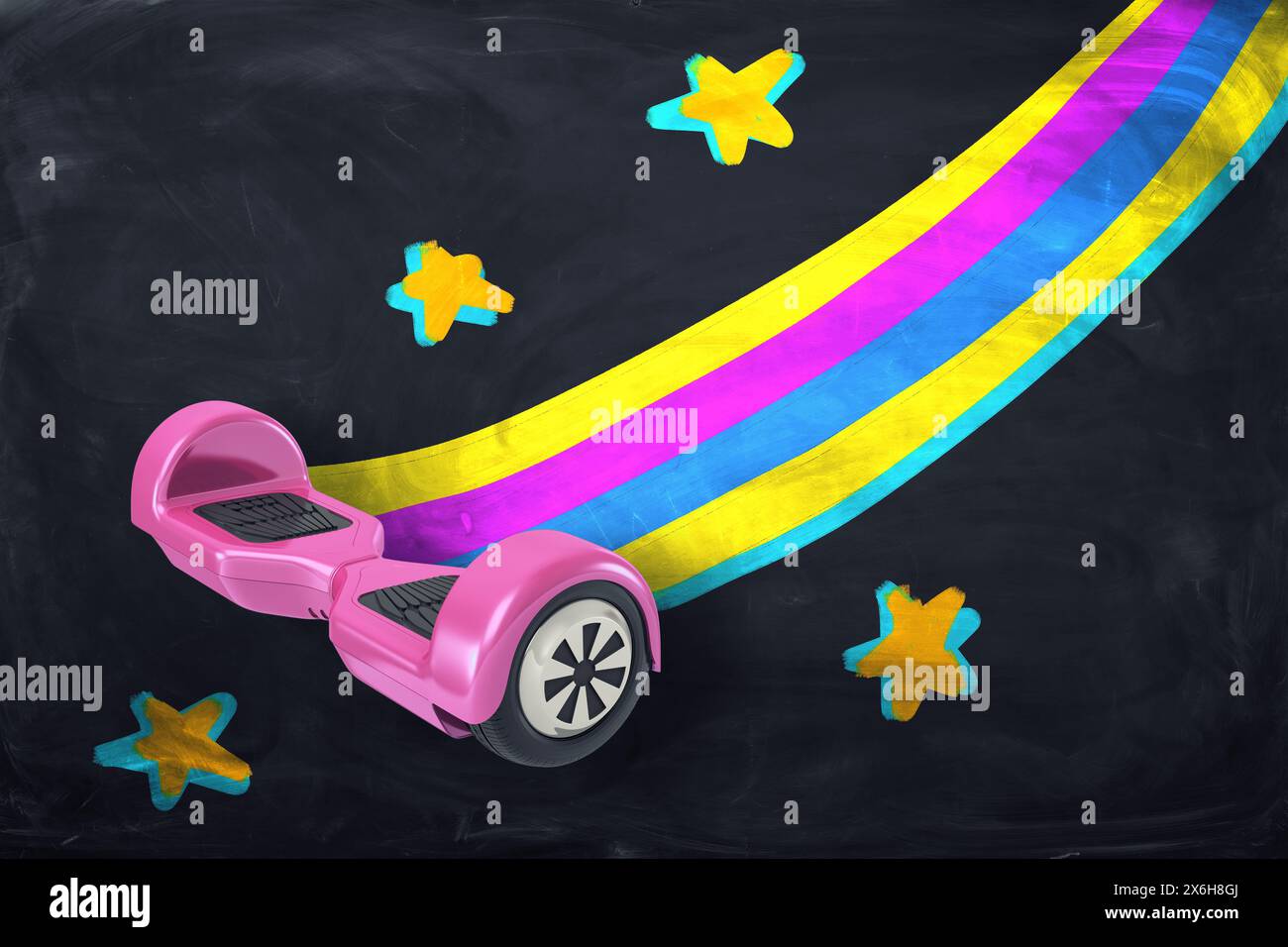 Hoverboard rose avec traînée arc-en-ciel et étoiles Banque D'Images